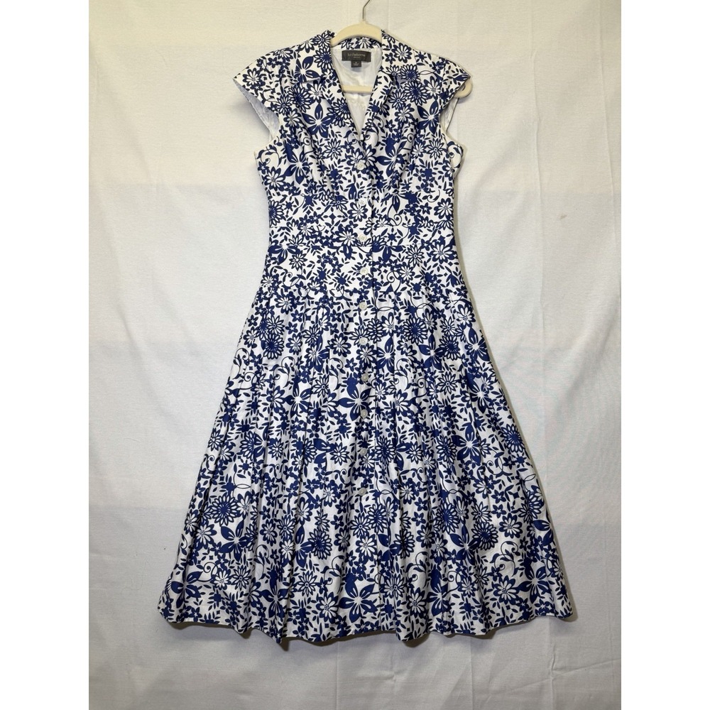Liz Claiborne‎ VTG Blue / White Floral Midi Dress. Cap Sleeve Button Front Sz 6